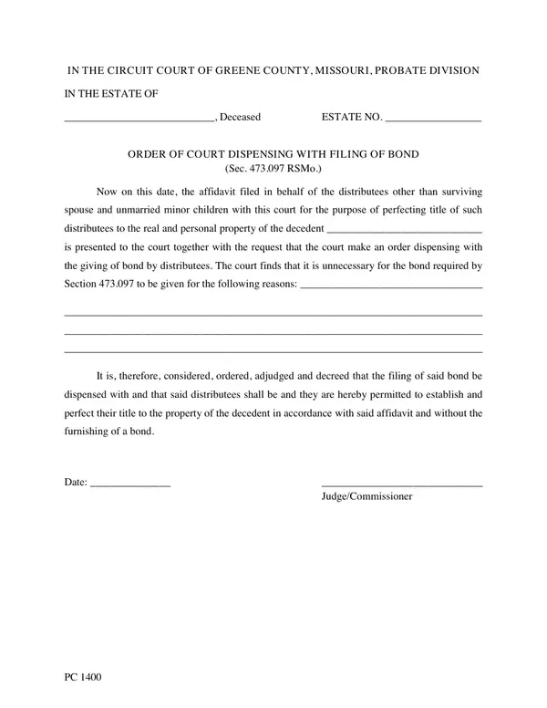 First page of Order of Court Dispensing with Filing of Bond