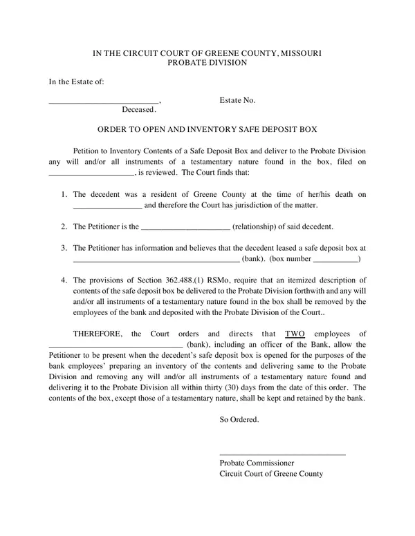 First page of Order to Open and Inventory Safe Deposit Box