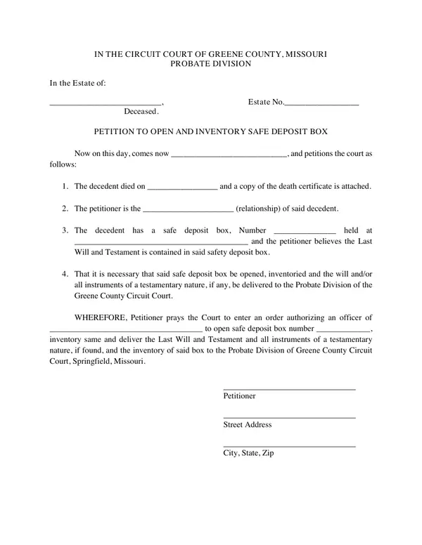 First page of Petition to Open and Inventory Safe Deposit Box