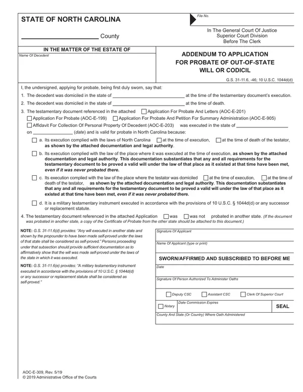 First page of Addendum to Application for Probate of Out-of-State Will or Codicil