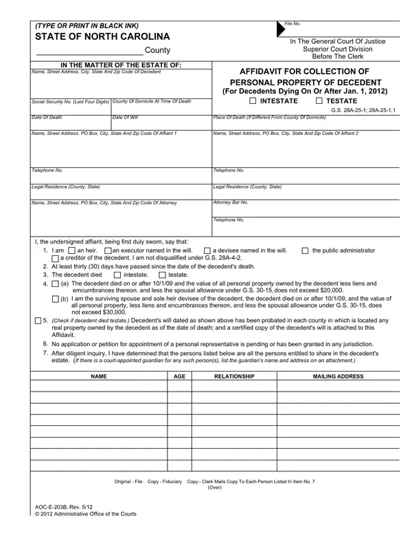 First page of Affidavit for Collection of Personal Property of Decedent