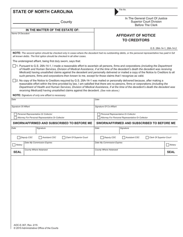 First page of Affidavit of Notice to Creditors