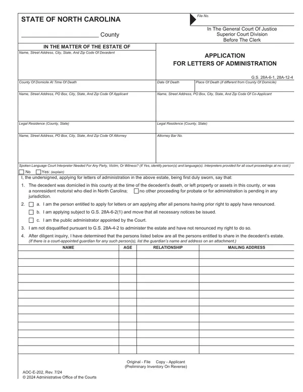 First page of Application for Letters of Administration