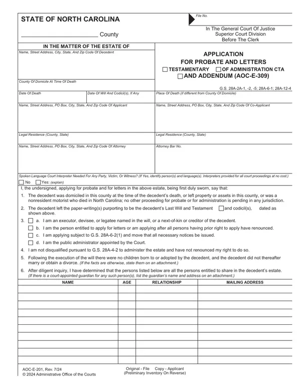 First page of Application for Probate and Letters Testamentary of Administration CTA and Addendum