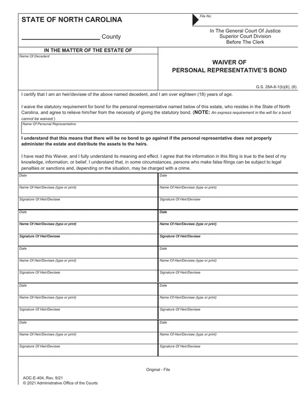 First page of Waiver of Personal Representative's Bond