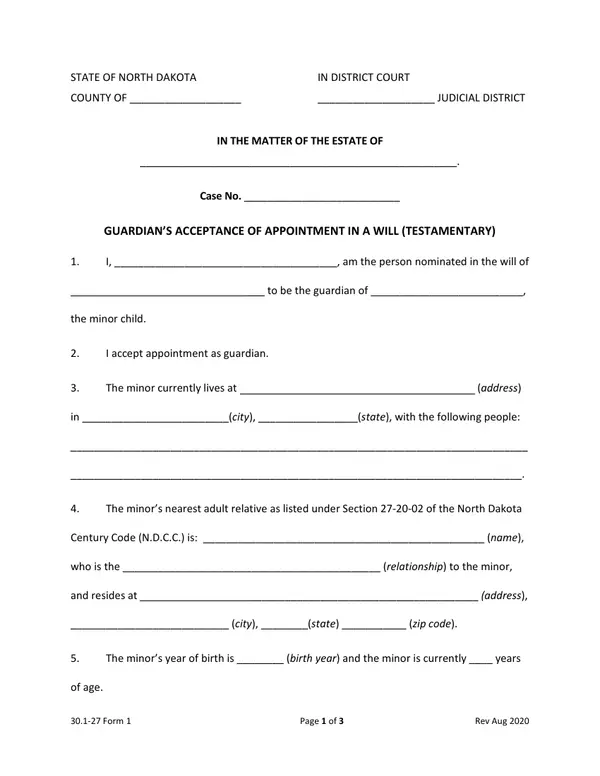 First page of Guardian's Acceptance of Appointment in a Will (Testamentary)