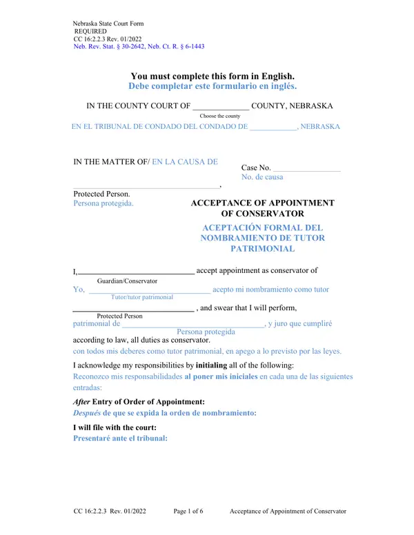 First page of Acceptance of Appointment of Conservator