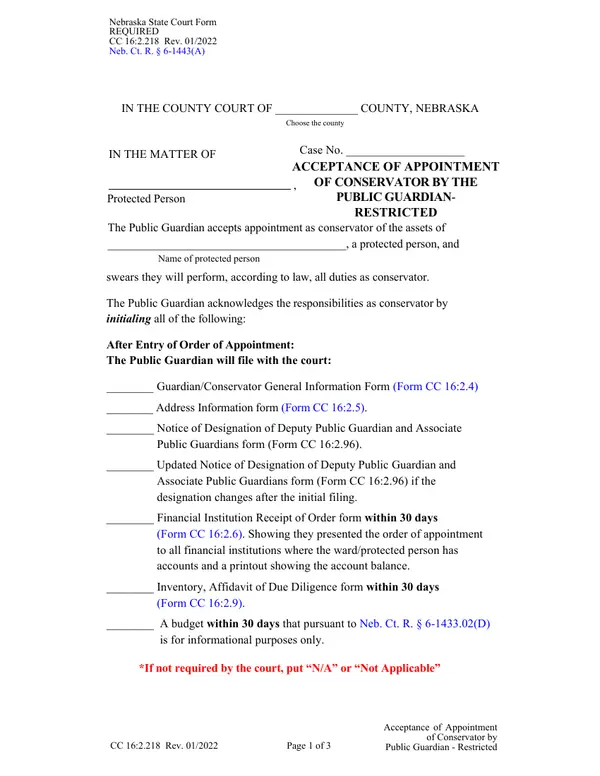 First page of Acceptance of Appointment of Conservator by the Public Guardian - Restricted