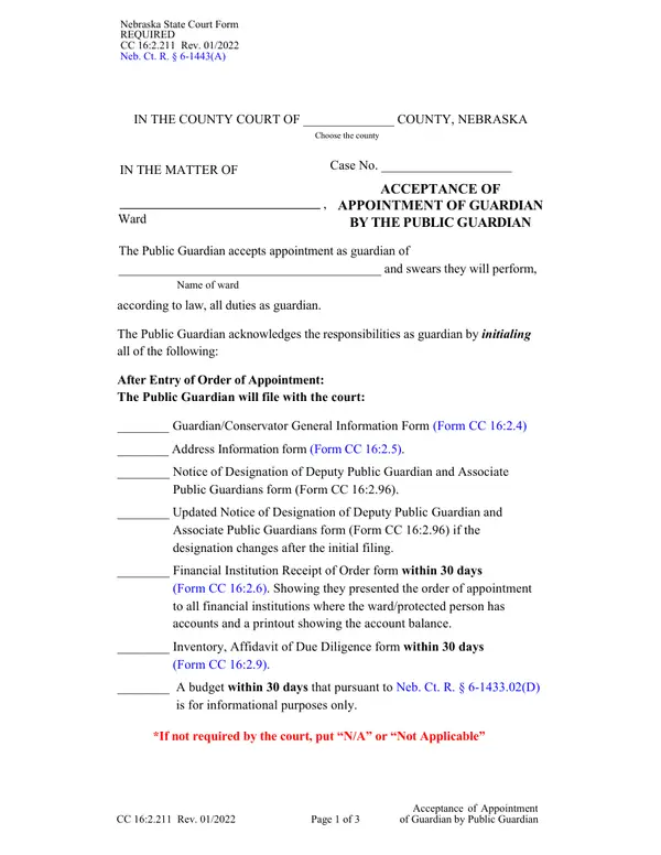 First page of Acceptance of Appointment of Guardian by the Public Guardian