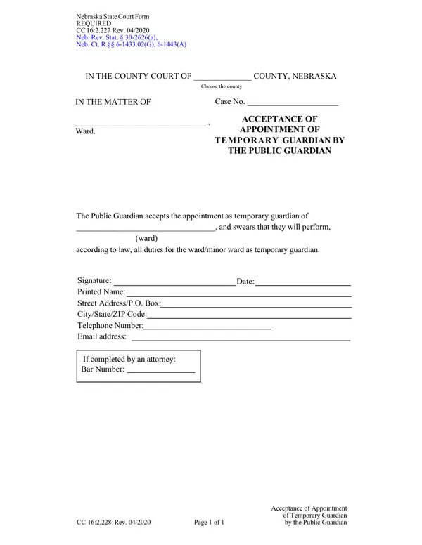 First page of Acceptance of Appointment of Temporary Guardian by the Public Guardian