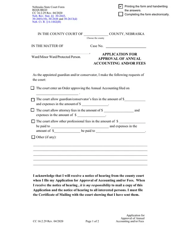 First page of Application for Approval of Annual Accounting and/or Fees