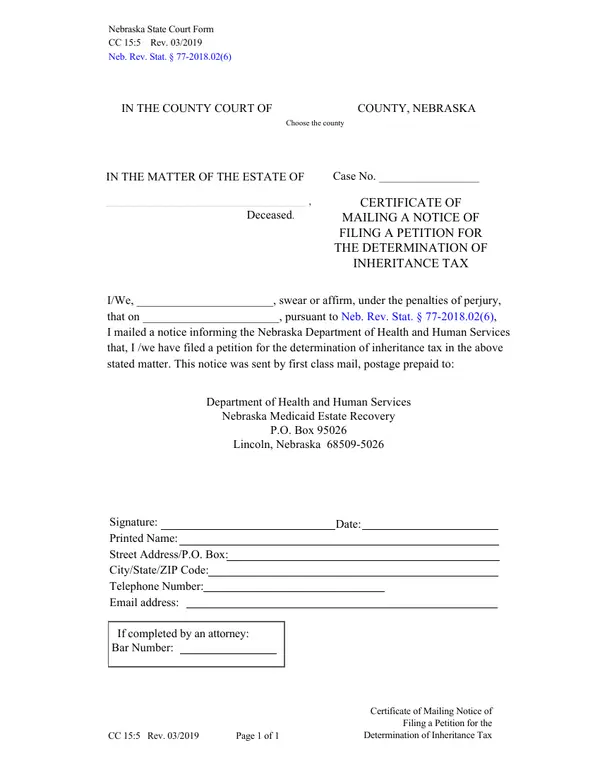 First page of Certificate of Mailing a Notice of Filing a Petition for the Determination of Inheritance Tax