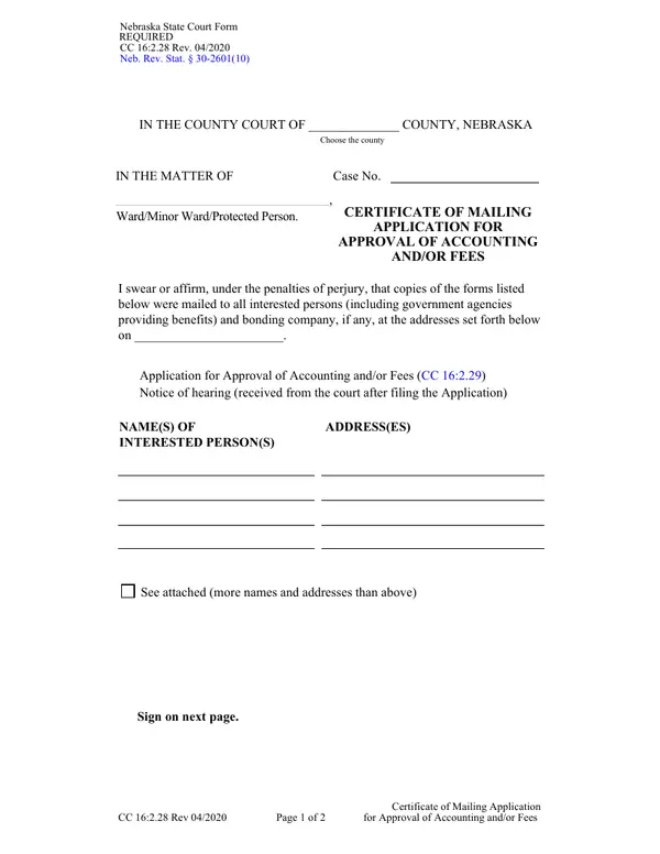 First page of Certificate of Mailing Application for Approval of Accounting and/or Fees