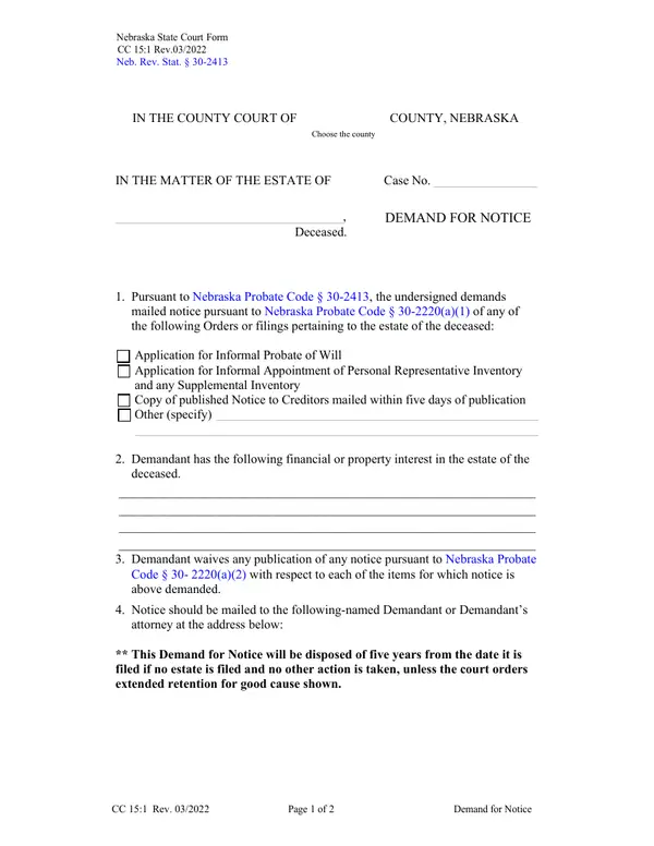 First page of Demand for Notice