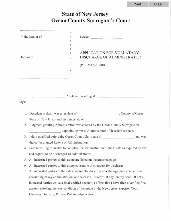 First page of Application for Voluntary Discharge of Administrator