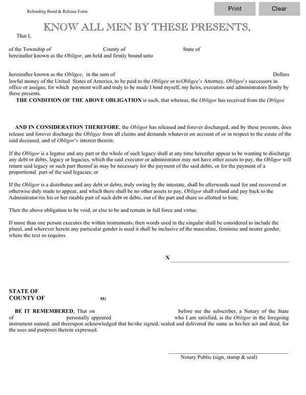 First page of Refunding Bond & Release Form