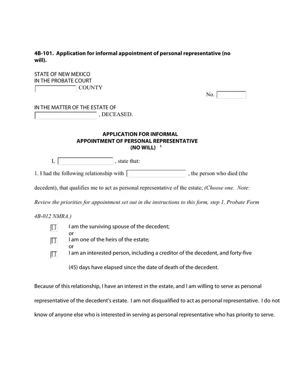 First page of Application for Informal Appointment of Personal Representative (No Will)