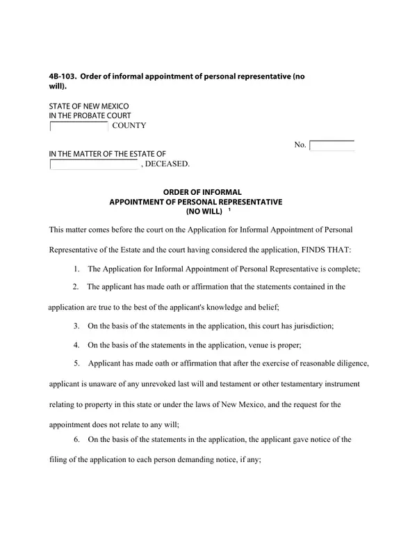 First page of Order of Informal Appointment of Personal Representative (No Will)