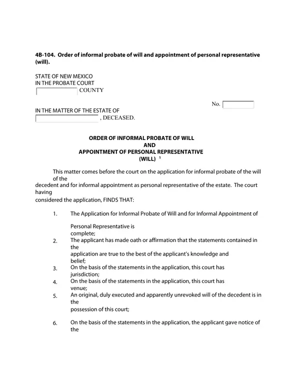 First page of Order of Informal Probate of Will and Appointment of Personal Representative (Will)
