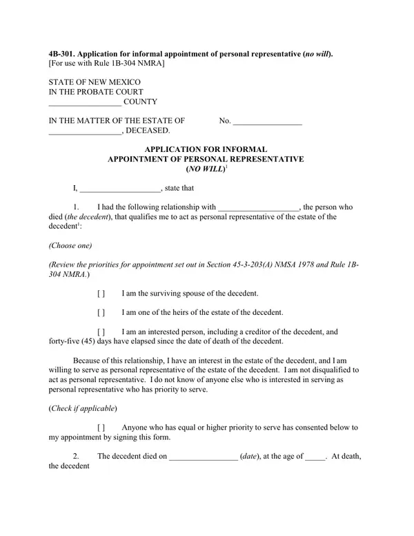First page of Application for Informal Appointment of Personal Representative (No Will)