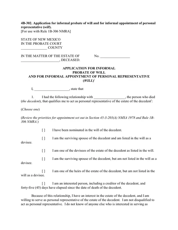 First page of Application for Informal Probate of Will and for Informal Appointment of Personal Representative (Will)