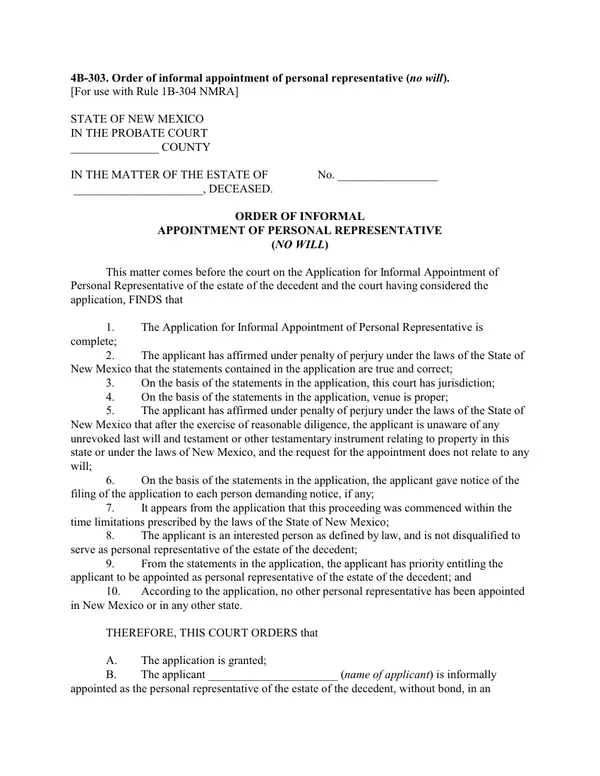 First page of Order of Informal Appointment of Personal Representative (No Will)