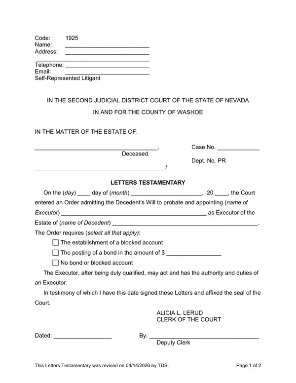 First page of Letters Testamentary