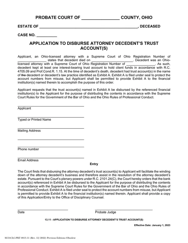 First page of Application to Disburse Attorney Decedent's Trust Account(s)