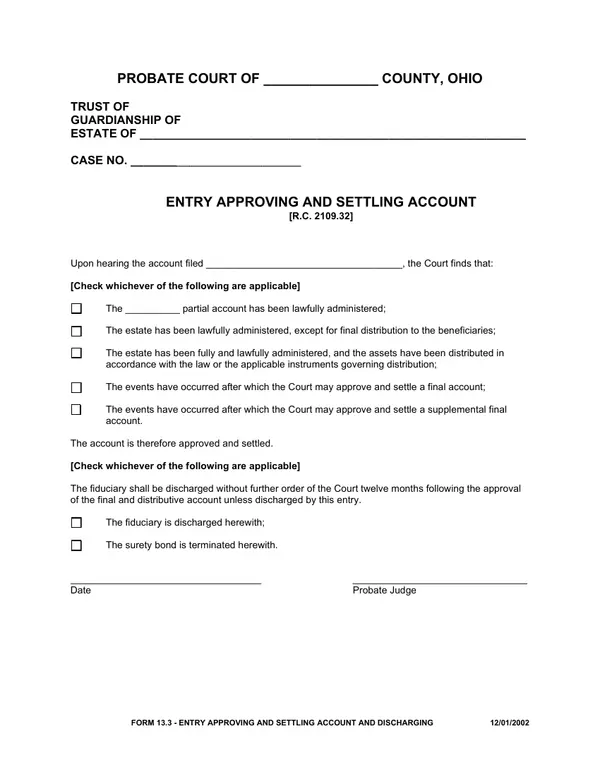 First page of Entry Approving and Settling Account and Discharging
