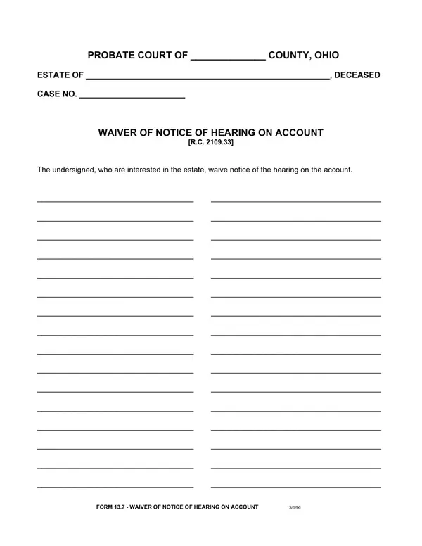 First page of Waiver of Notice of Hearing on Account