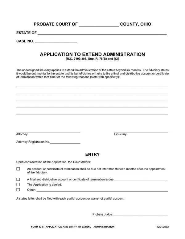 First page of Application and Entry to Extend Administration