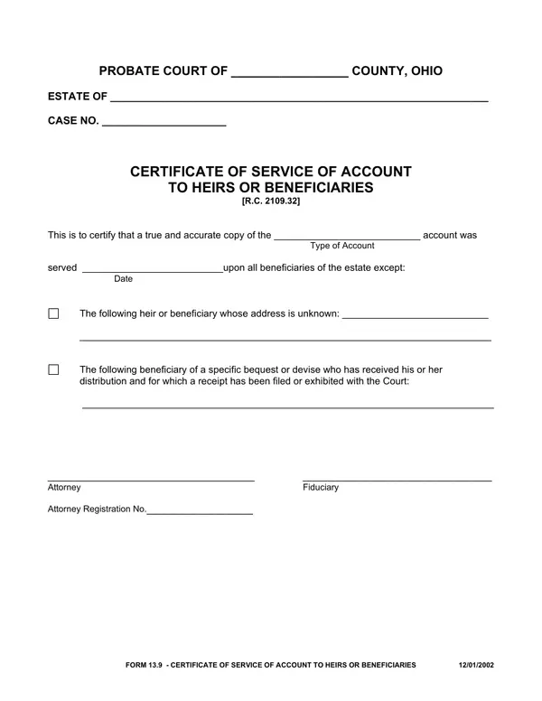 First page of Certificate of Service of Account to Heirs or Beneficiaries
