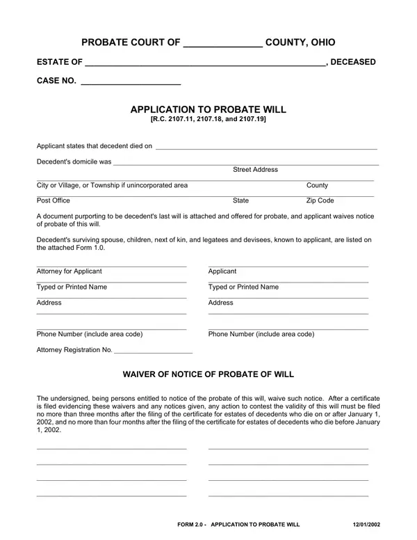 First page of Application to Probate Will