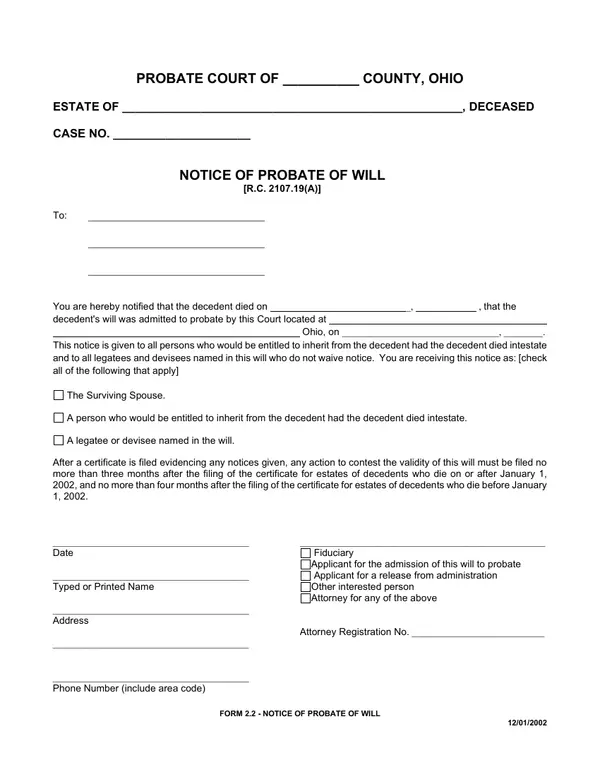 First page of Notice of Probate of Will