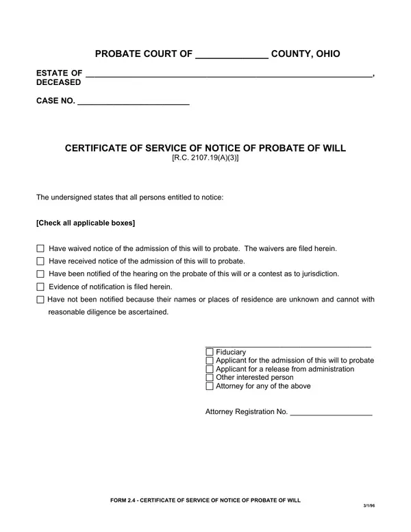 First page of Certificate of Service of Notice of Probate of Will