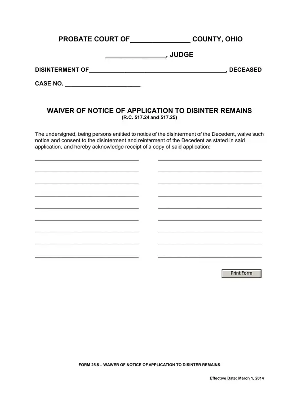 First page of Waiver of Notice of Application to Disinter Remains