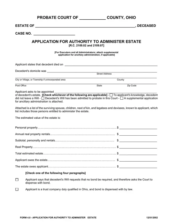 First page of Application for Authority to Administer Estate
