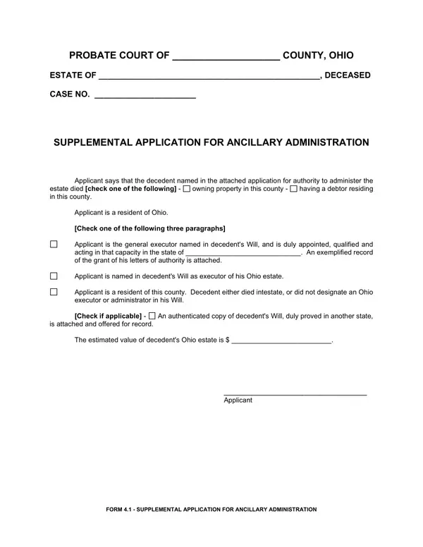 First page of Supplemental Application for Ancillary Administration
