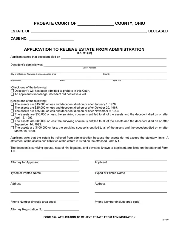 First page of Application to Relieve Estate From Administration