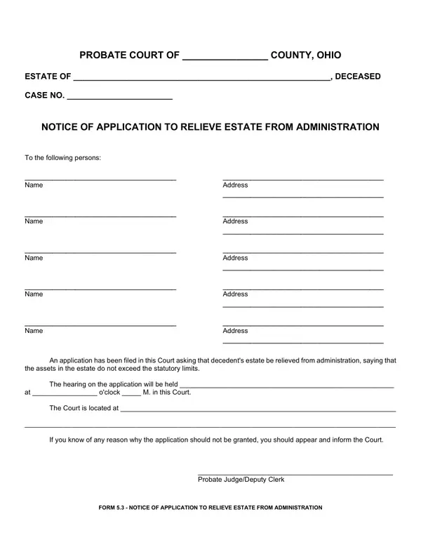 First page of Notice of Application to Relieve Estate From Administration