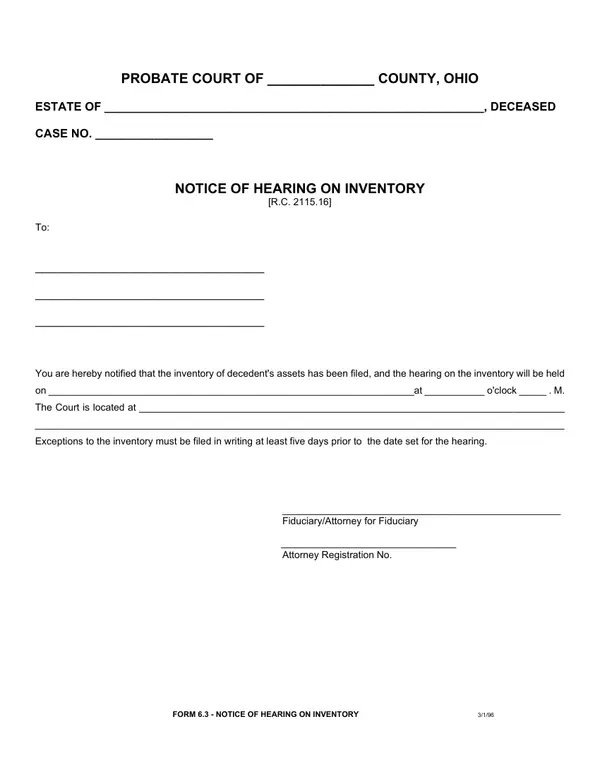 First page of Notice of Hearing on Inventory