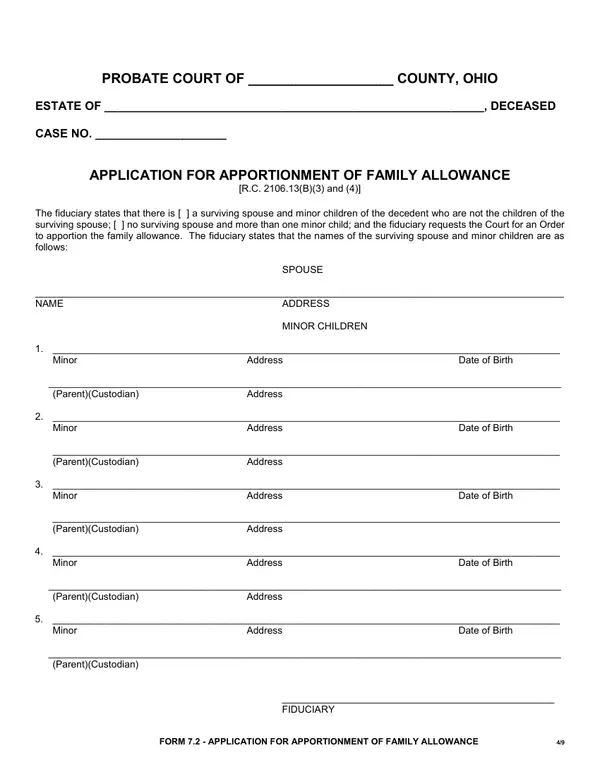First page of Application for Apportionment of Family Allowance