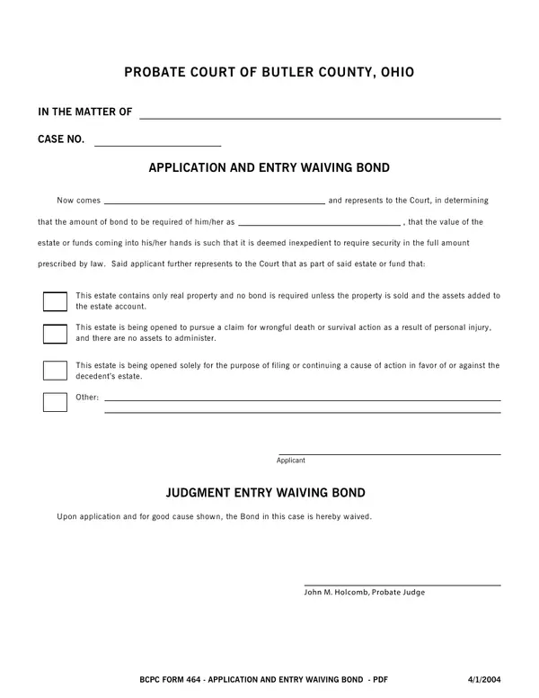 First page of Application and Entry Waiving Bond