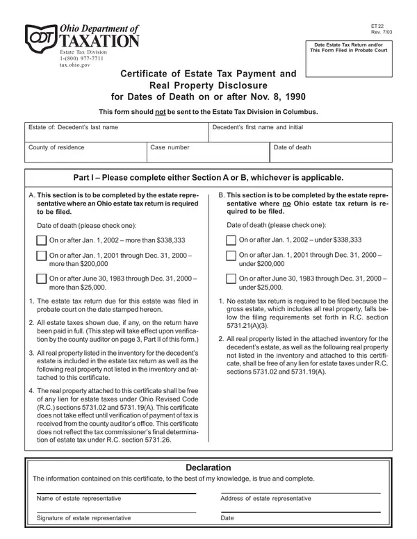 First page of Certificate of Estate Tax Payment and Real Property Disclosure for Dates of Death on or after Nov. 8, 1990