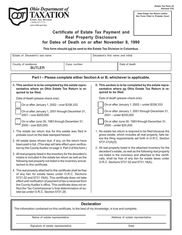 First page of Certificate of Estate Tax Payment and Real Property Disclosure for Dates of Death on or after November 8, 1990