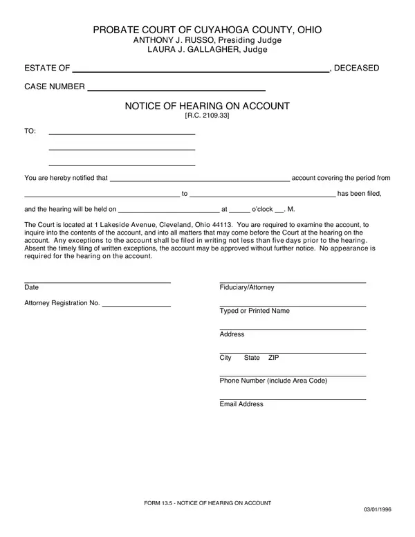First page of Notice of Hearing on Account
