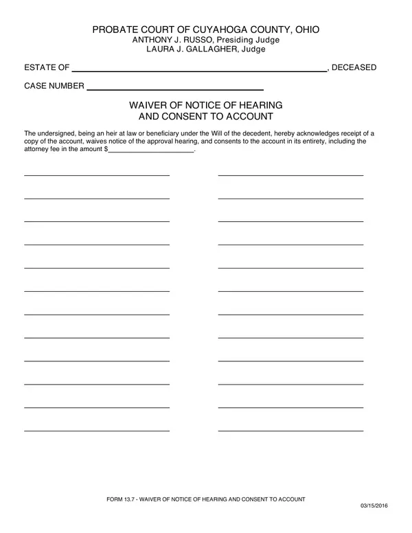 First page of Waiver of Notice of Hearing and Consent to Account