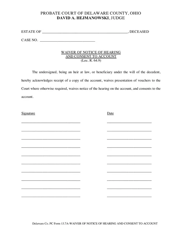 First page of Waiver of Notice of Hearing and Consent to Account