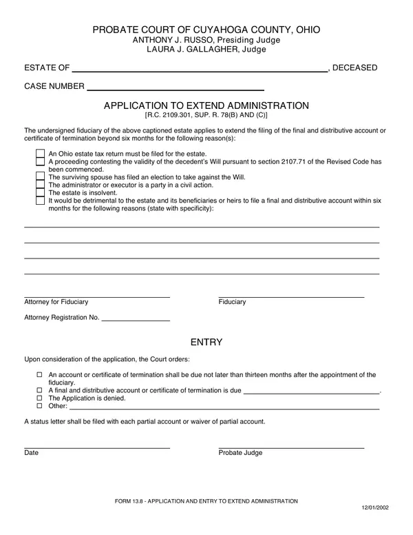 First page of Application and Entry to Extend Administration
