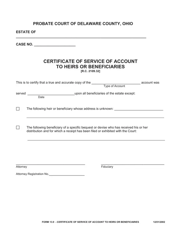 First page of Certificate of Service of Account to Heirs or Beneficiaries